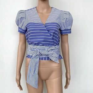 NEW YORK & COMPANY STRIPED FAUX WRAP BALLOON SLEEVE BOW TIE TOP, XS, NEW!